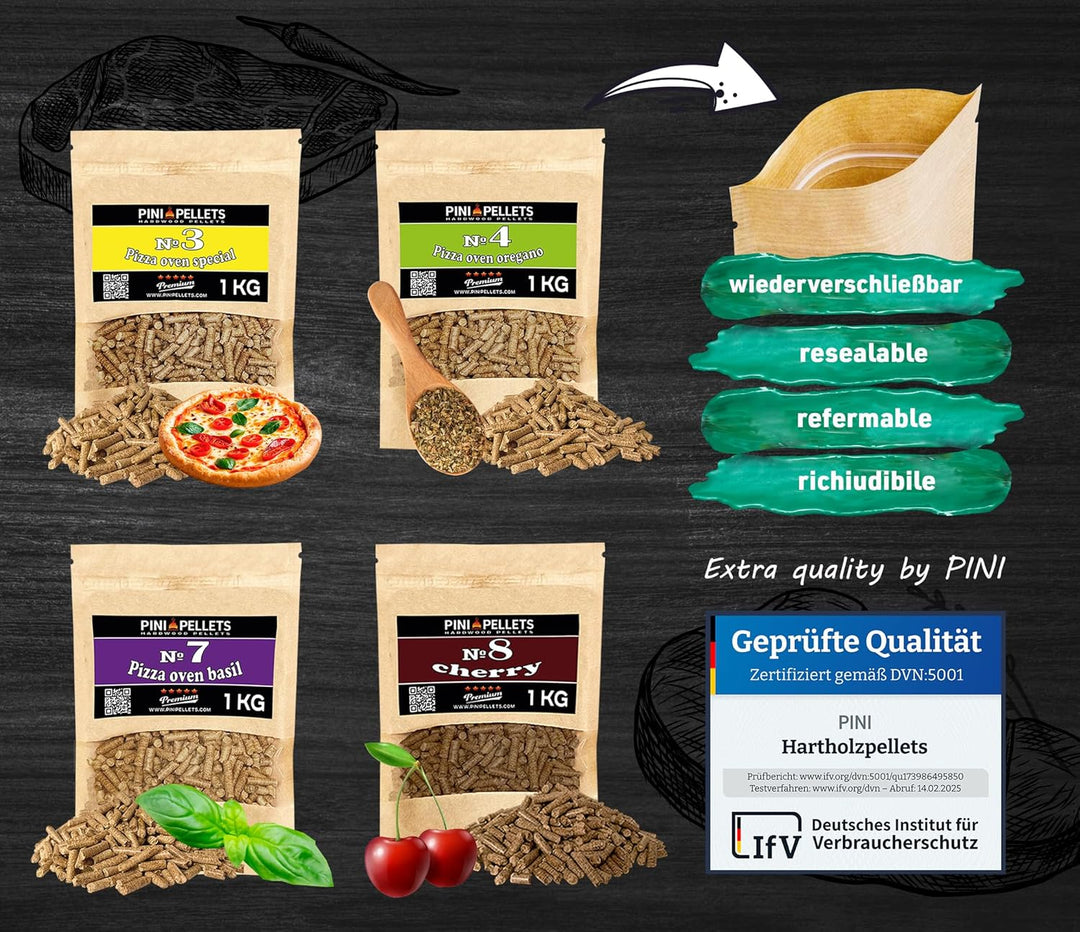 PINI Naturholzpellets Set 4X 1 kg für Pizzaofen aus 4 Sorten - Pizzapellets Nr 3, Oregano Nr. 4, Bas