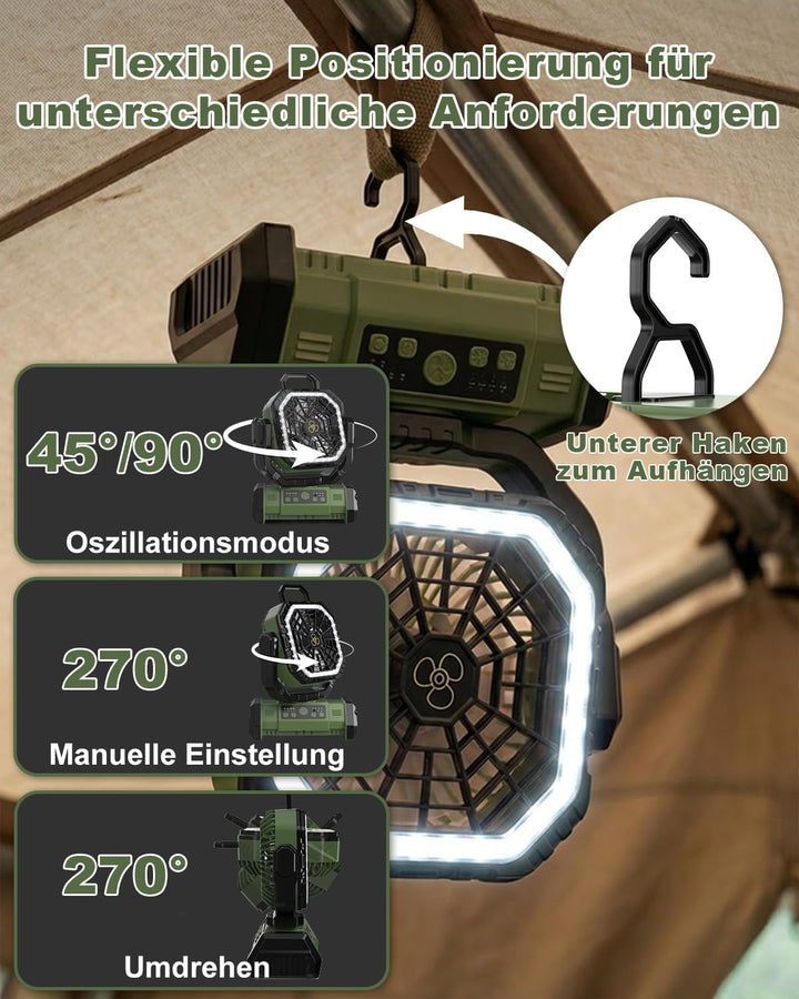 Tragbarer Campingventilator, [20000mAh] Camping Ventilator mit LED-Licht, Leisem Schlafmodus/270° Dr