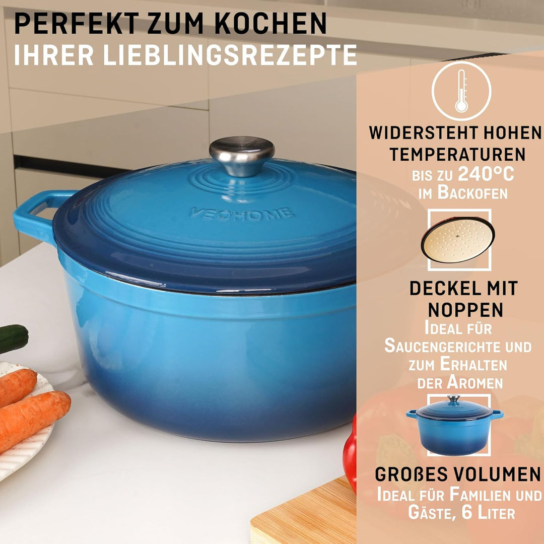 VeoHome Gusseisentopf 6L | Bräter | Gusseisen Topf Blau - Schmortopf |Bratentopf | Bratpfanne | Koch