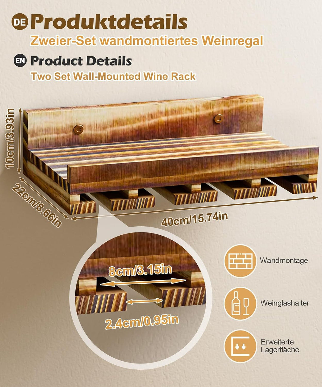 Yorbay 2er-Set Wand Holz Weinregal: Vintage Wandbar aus Beflammtem Palettenholz mit Weinglasregal fü