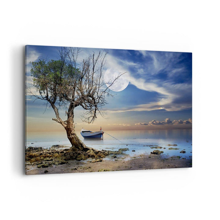 Bilder auf Leinwand 100x70cm Leinwandbild mit Rahmen Nacht Mond Boot Gross Wanddeko Bild Schlafzimme