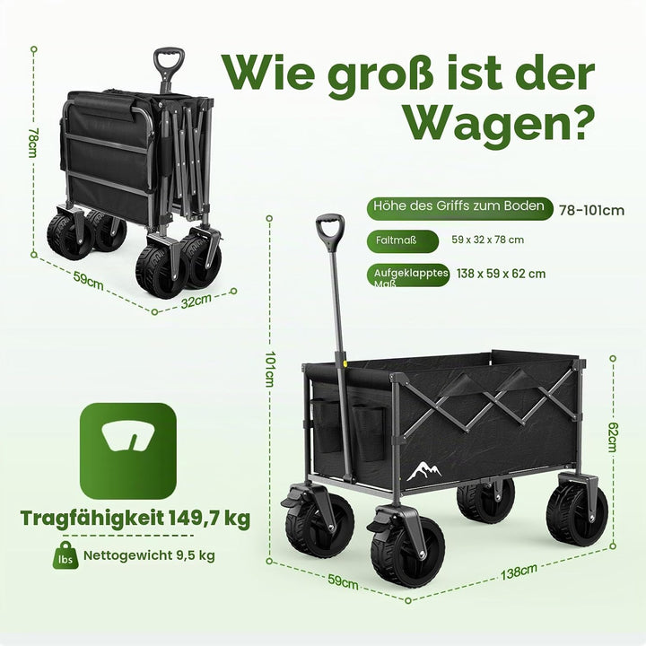 Festival-Trolley, 300 l, faltbarer Strandwagen mit verstellbarer Heckklappe, 360°-Rädern und Bremsla