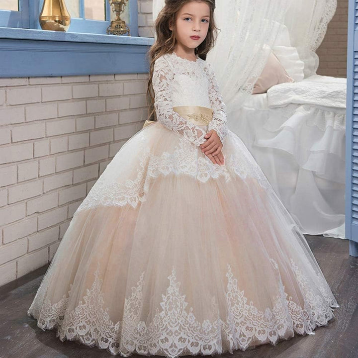 PLWEDDING Spitze Lange Ärmel Blumenmädchen Kleid Prinzessin Tüll Kleid für Kinder Erstkommunion Klei