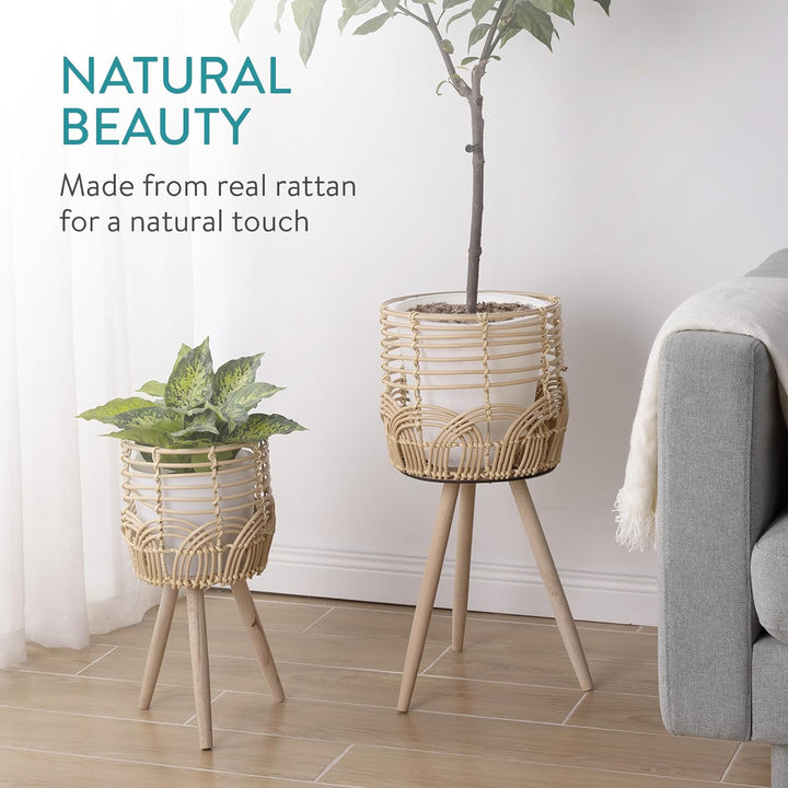 Navaris 2x Blumentopf mit Ständer im Rattan Look - Boho Blumentopf geflochten - Pflanzen Hocker im K