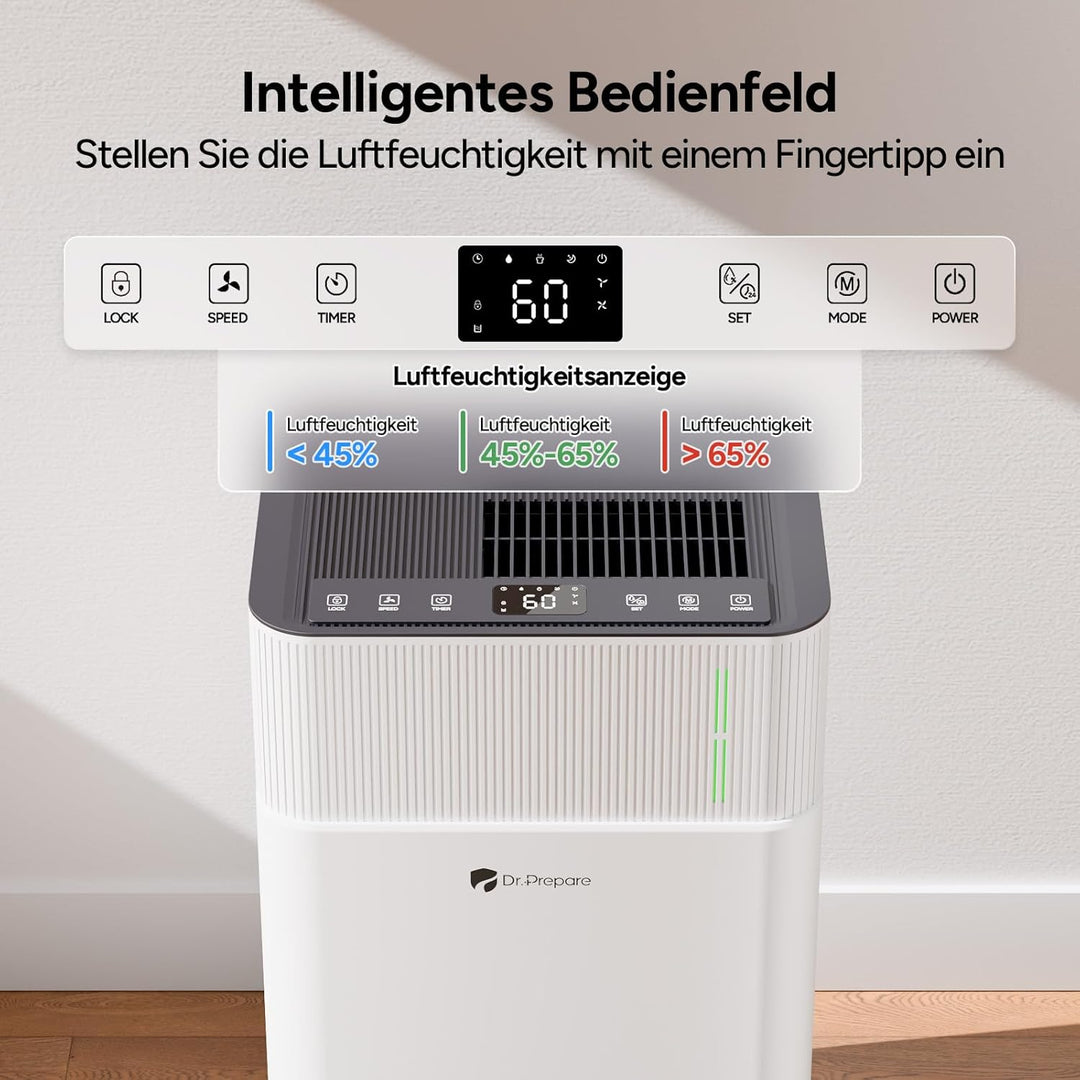 DR.PREPARE Luftentfeuchter Elektrisch 25L, Entfeuchter für Keller Wäschetrocknung, 4.5L Tank, 3 Modi