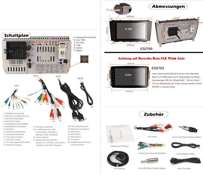 Erisin Android 11 8" Autoradio für Mercedes Benz Klasse C/CLK/CLC/ W203 CL203 S203 W209 Unterstützt