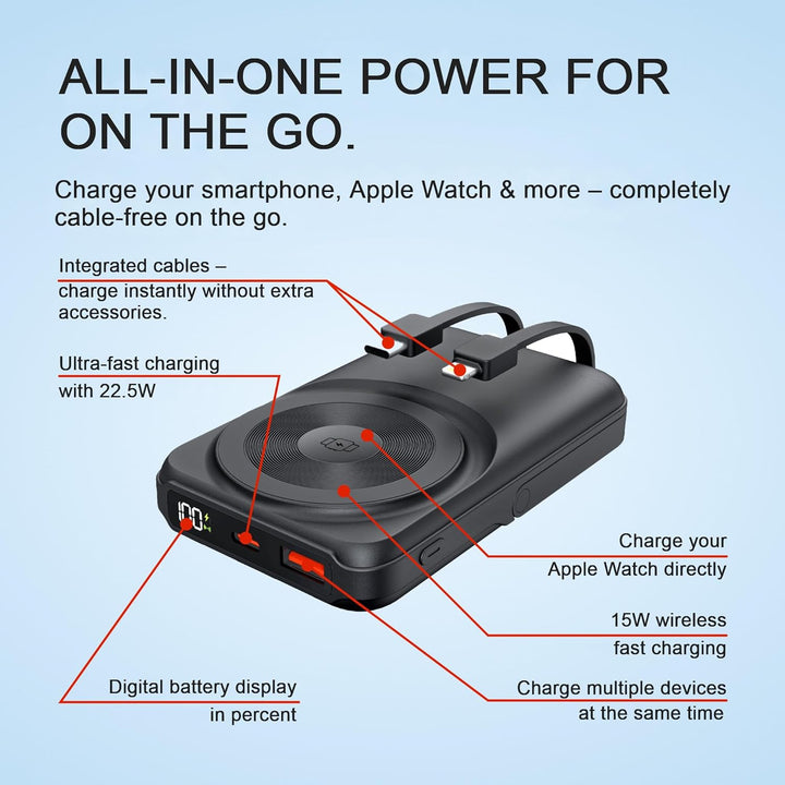 Powerbank 10.000 mAh USB-C Schwarz – Magnetische Wireless Powerbank (20 W), 2,5 W Watch Charger, 22,