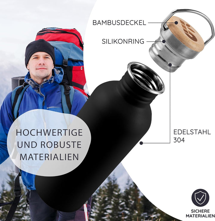 Bambaw Trinkflasche Edelstahl 500ml, Nicht-isolierte Schwarze Flasche, Kinder Trinkflasche Metall, P