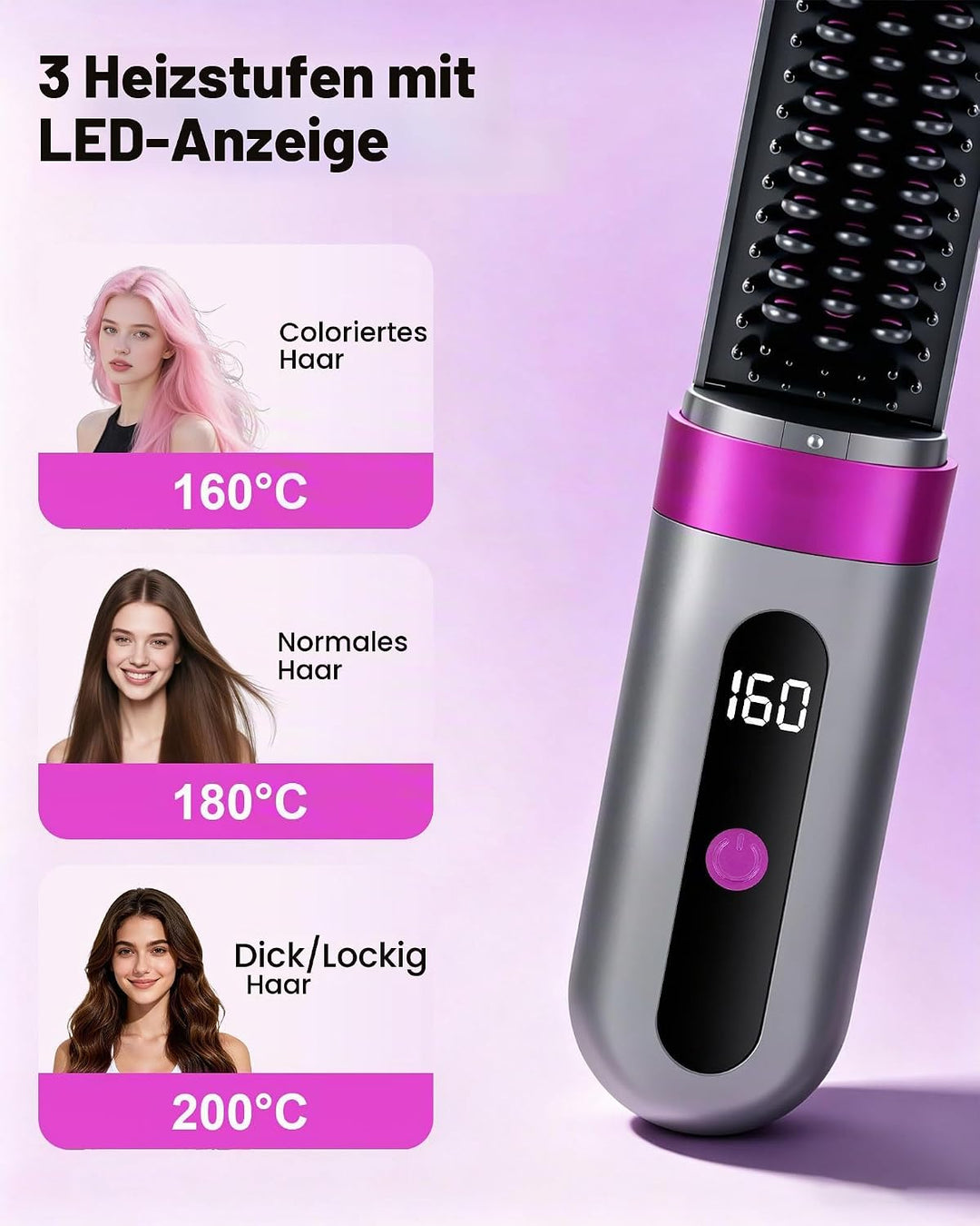 Kabellose Glättbürste mit Akku, Ionen Haarglätter Bürste 160–200°C, 3 Temperaturstufen, LED Display,
