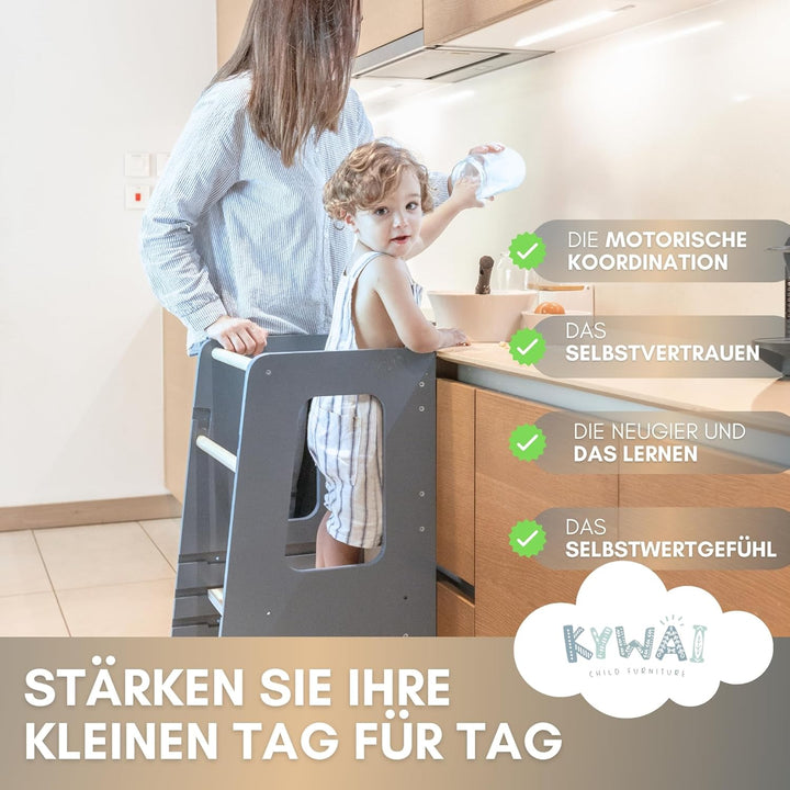 Montessori Lernturm ab 1 Jahr, aus robustem Holz, Premium-Modell in Grossformat, Learning Tower mit