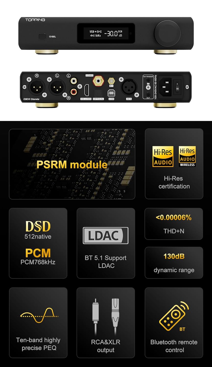 TOPPING D90 III Discrete Vollständig ausgeglichener HiFi-DAC - BT 5.1-Unterstützung LDAC PEQ-Einstel