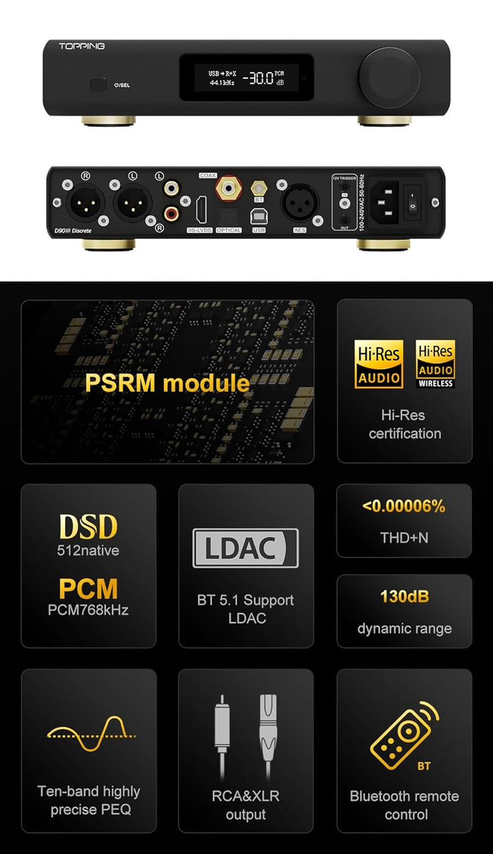 TOPPING D90 III Discrete Vollständig ausgeglichener HiFi-DAC - BT 5.1-Unterstützung LDAC PEQ-Einstel