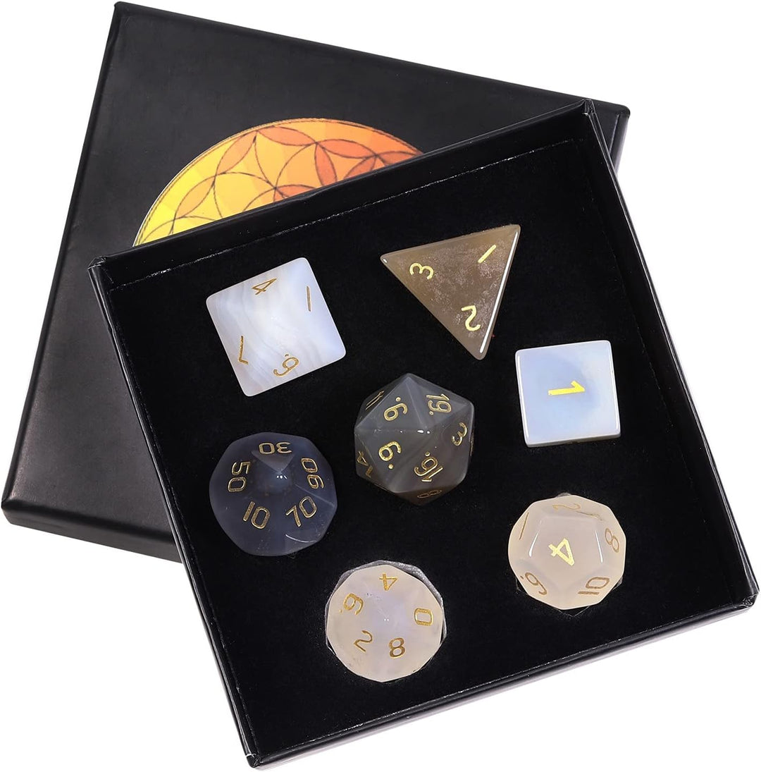 KYEYGWO Grauer Achat Kristall Polyedrische Würfel Set, 7pcs Reiki Heilung Stein Polyedrischer Spielw