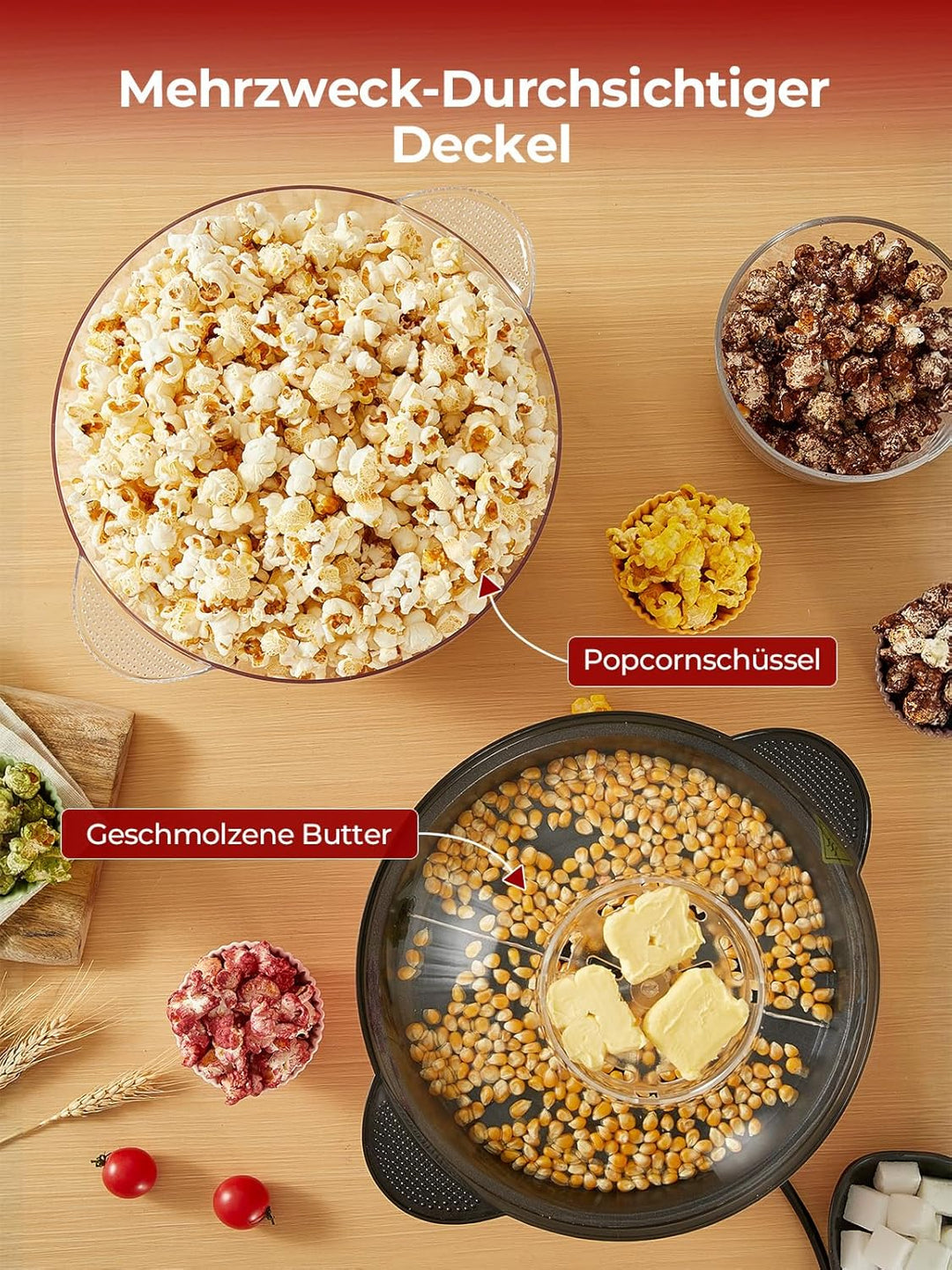 FOHERE 4,5L Popcornmaschine, 700W Popcorn Maschine mit 2 Messbecher für Zucker und Öl, Antihaftbesch