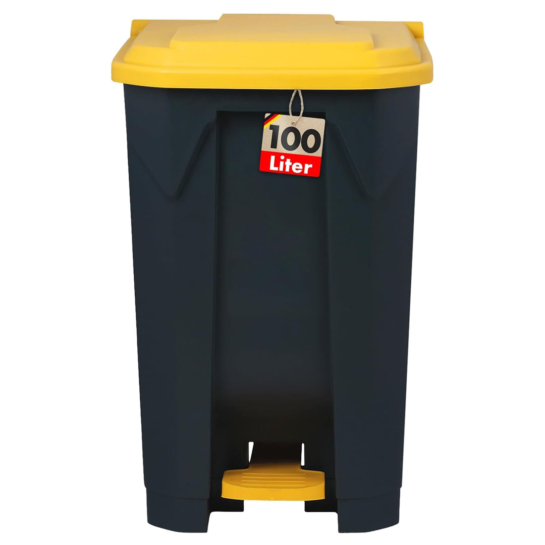 Floordirekt Mülleimer 100 Liter, gelber Deckel, Abfalleimer für Küche und Büro, Mülltrennsystem, Tre