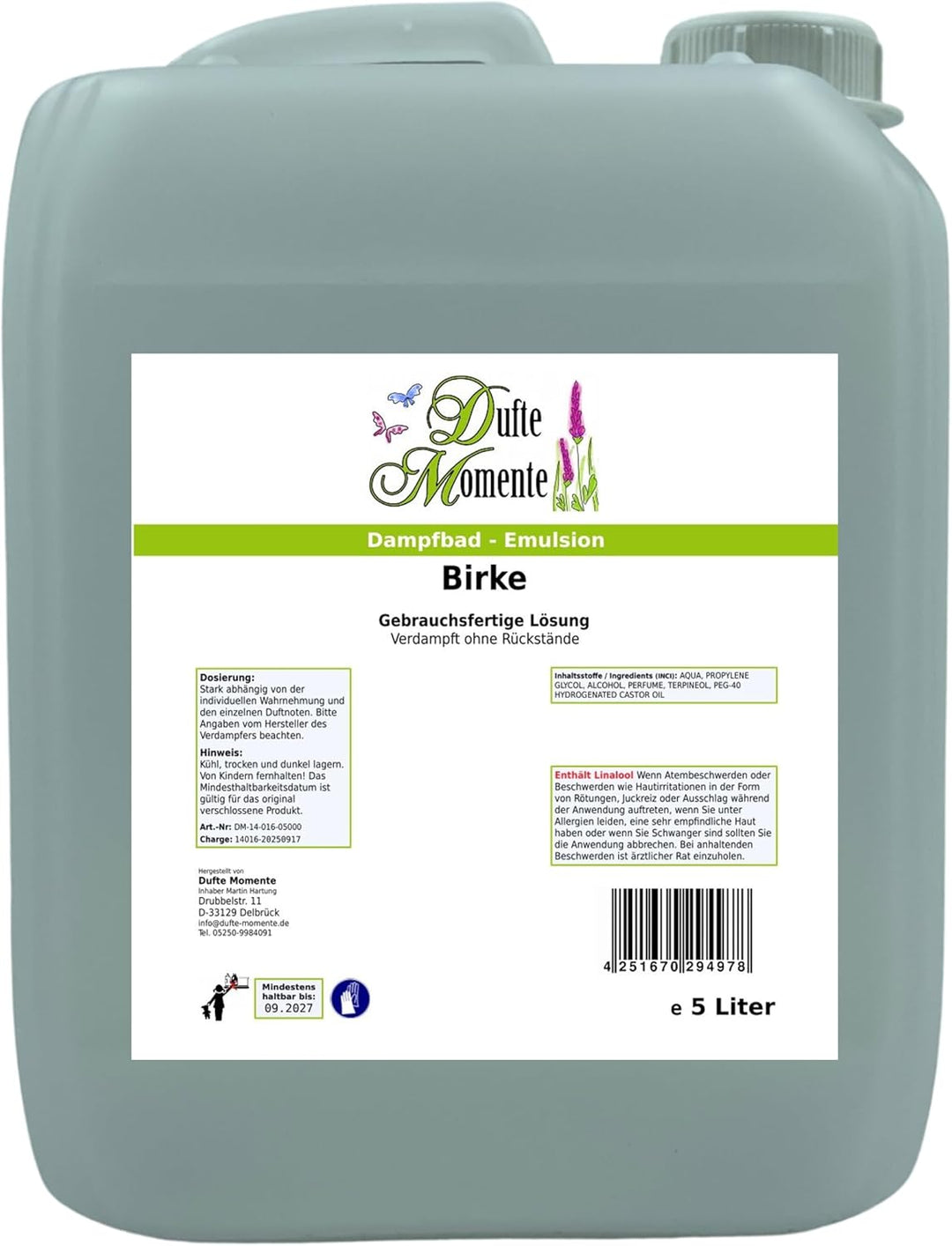Dufte Momente Dampfbad-Emulsion 5 Liter Birke | Gebrauchsfertig | Hochwertige Formel | Für gewerblic