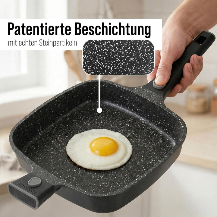 STONELINE SMART Servierpfanne 28 cm, Eckige Pfanne mit Deckel, Abnehmbarer Griff, Aluguss Pfanne Ind