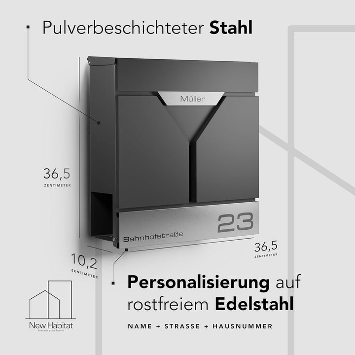 NewHabitat - Briefkasten Valencia personalisiert - Anthrazit RAL 7016 Mit Gravur, Mit Gravur