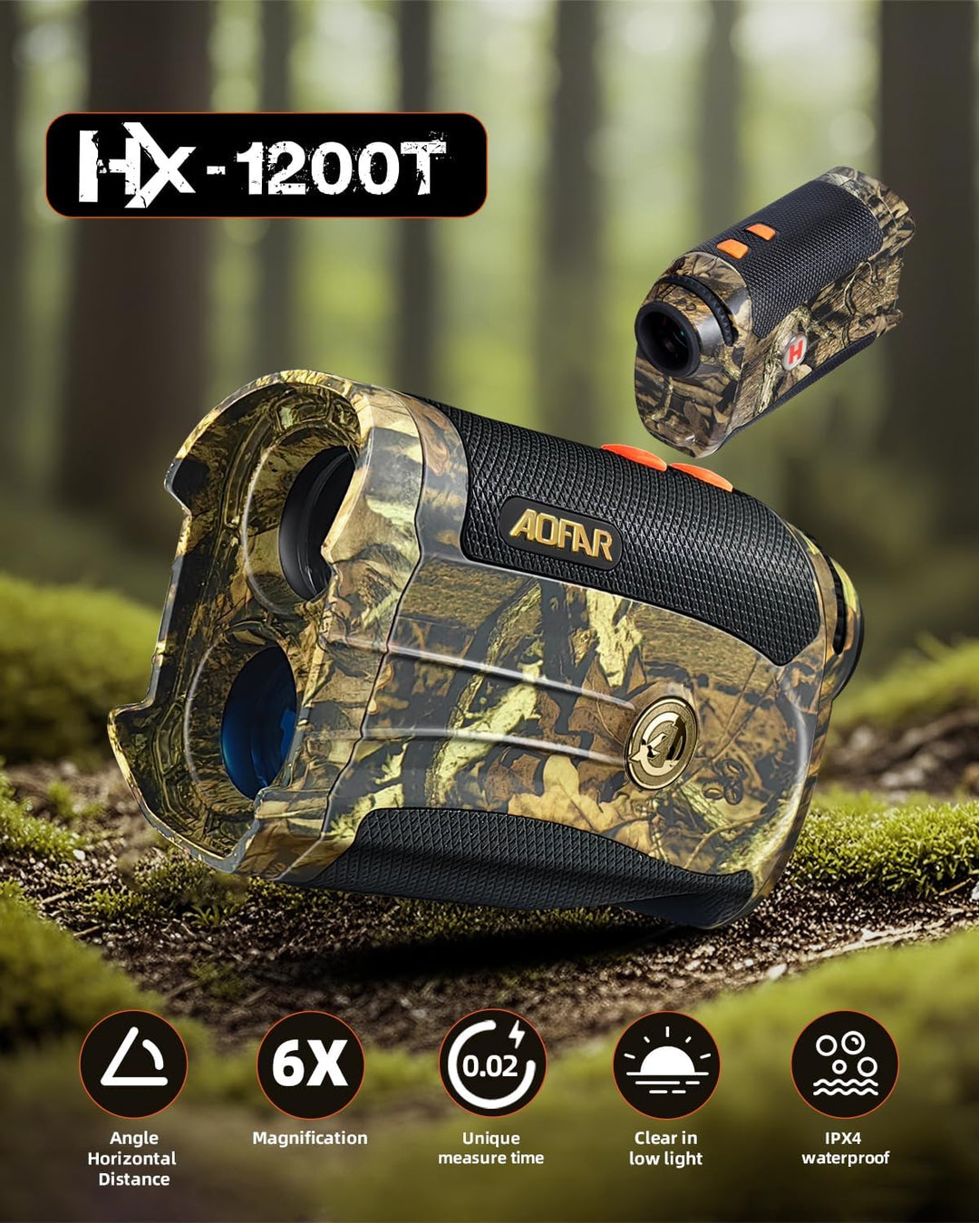 AOFAR HX-1200T Entfernungsmesser Jagd 5-1200 Meter, Winkel und horizontalem Abstand, Wasserdichter T
