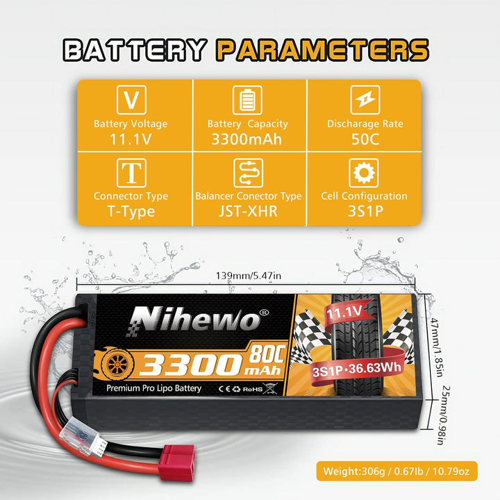 3S LiPo Akku 11,1 V RC Lipo Akkus 3300mAh 80C Hartschalenkoffer mit Deans T Stecker Kompatibel mit L