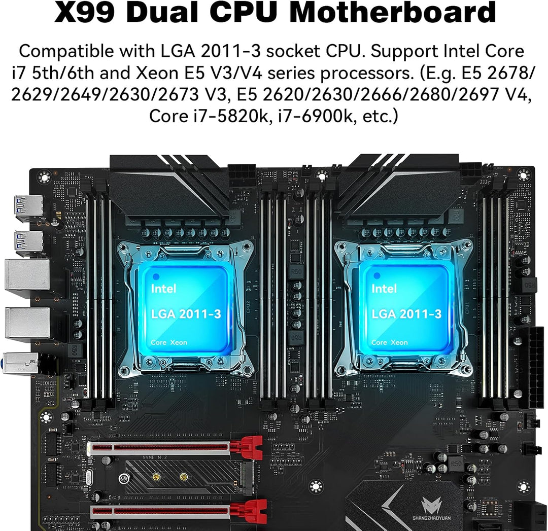 SHANGZHAOYUAN X99 Dual CPU Mainboard LGA 2011-3 Server Motherboard (E-ATX, 8*DDR4 ECC, 2*NVME M.2, 2