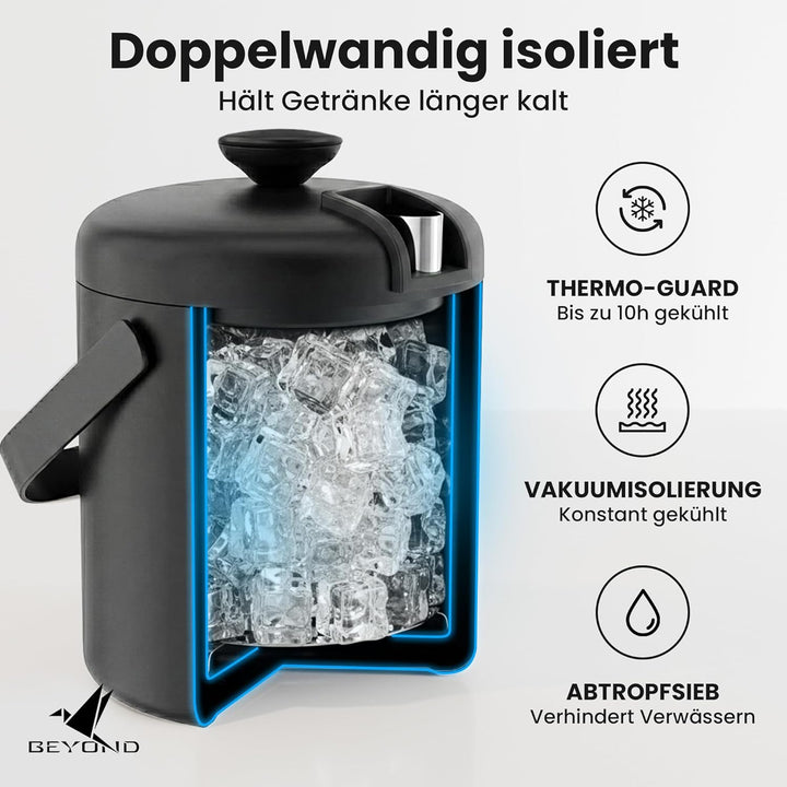 Beyond Eiswürfelbehälter mit Deckel und Zange 100% bpa frei aus Edelstahl - Eiswürfelkühler, doppelw