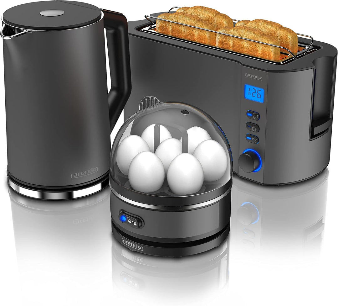 Arendo - Wasserkocher mit Toaster SET, Toaster MANHA mit Eierkocher SEVENCOOK Edelstahl Grau, Toaste