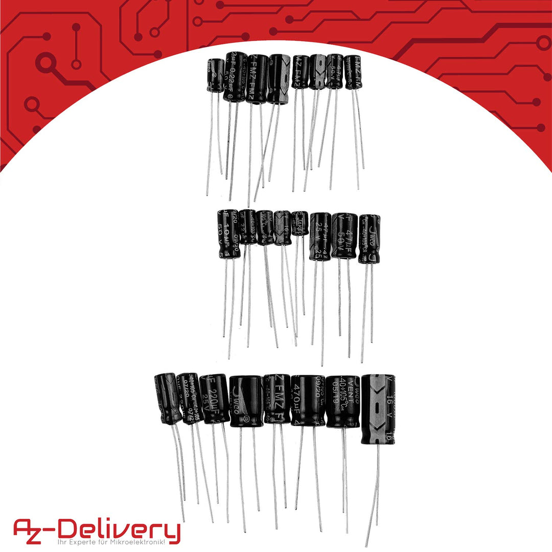 AZDelivery 3 x ElKo Sortiment Elektrolytkondensator Aluminium 24 Werte 500 Stück 0.1uF – 1000uF mit