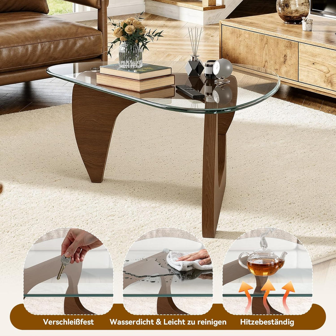 Dreieckiger Beistelltisch, Couchtisch Glas Transparent, Grosser Wohnzimmertisch Mid-Century, MDF Hol