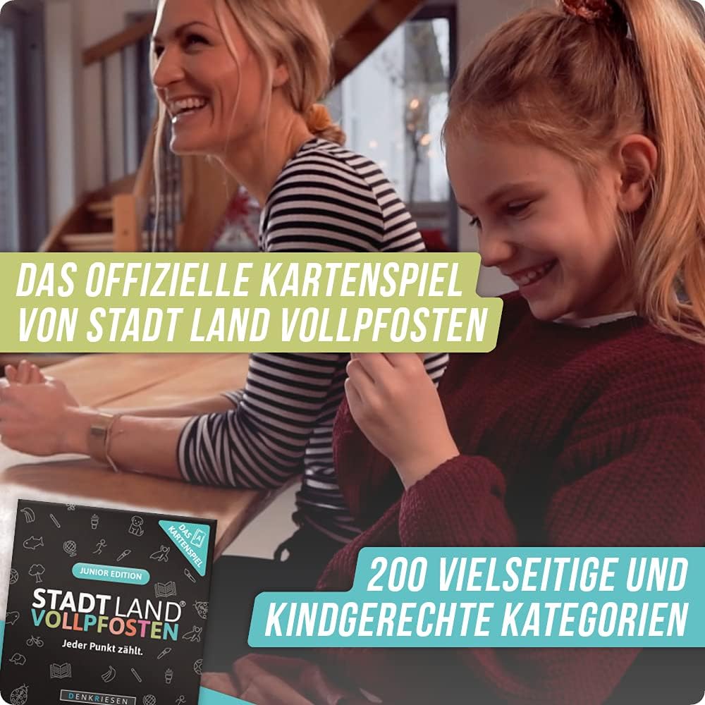DENKRIESEN Stadt Land VOLLPFOSTEN - JUNIOR-Duo - Das Kartenspiel und der Spielblock - Junior Edition