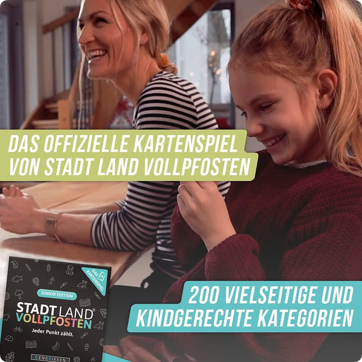 DENKRIESEN Stadt Land VOLLPFOSTEN - JUNIOR-Duo - Das Kartenspiel und der Spielblock - Junior Edition