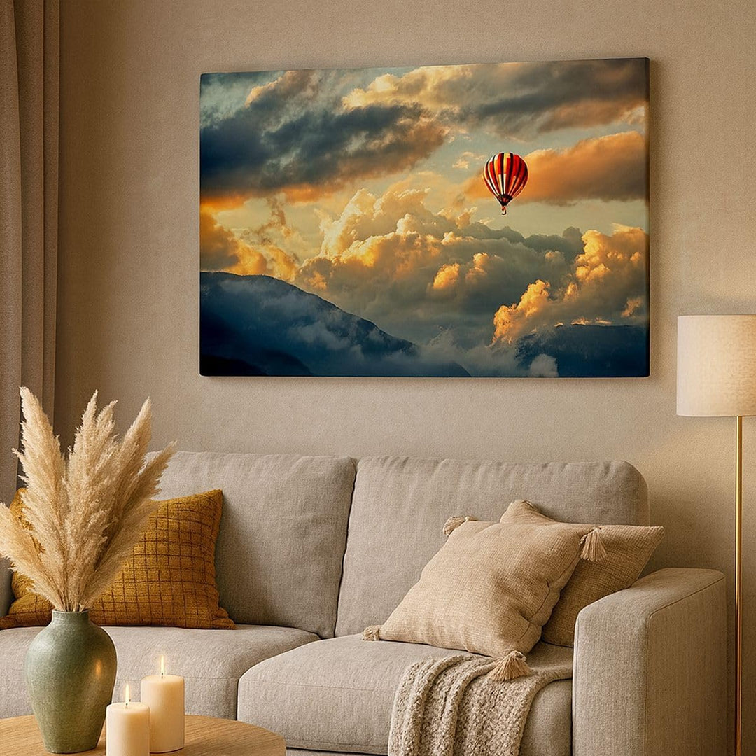 Bilder auf Leinwand 100x70cm Leinwandbild mit Rahmen Wolken Ballon Flug Gross Wanddeko Bild Schlafzi