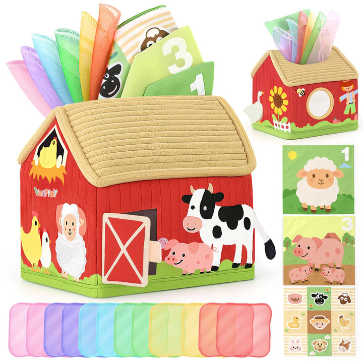 Vanplay Baby Spielzeug 6 Monate, Montessori Spielzeug Bauernhof-Thema Tissue Box Spielzeug mit Schal