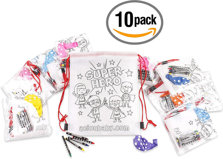 aeioubaby.com 10 Rucksack zum Ausmalen | 10 einzelne Taschen mit 5 bunten Wachsmalstiften und Luftba