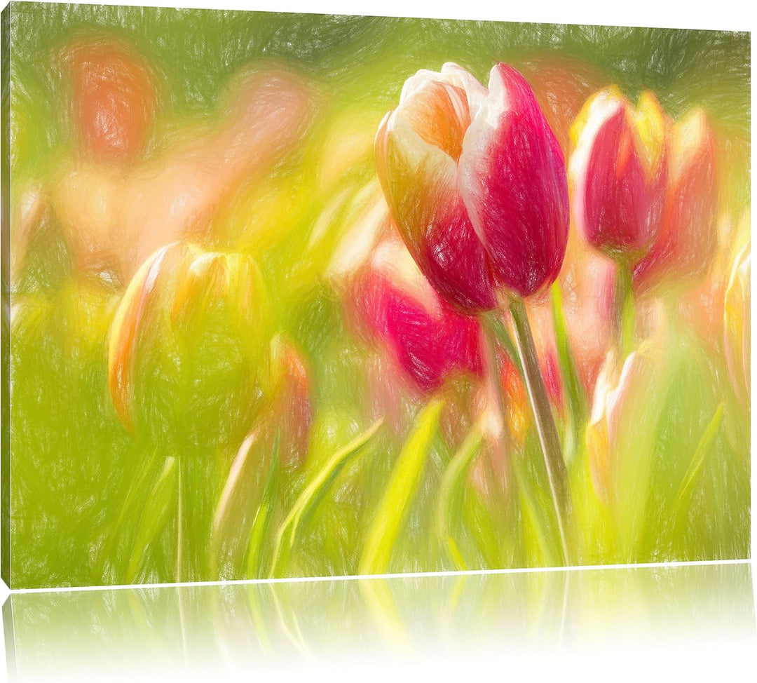 Pixxprint Blühende Tulpen als Leinwandbild/Grösse: 100x70 cm/Wandbild/Kunstdruck/fertig bespannt, 10
