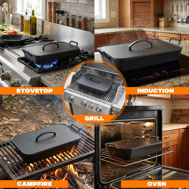 Onlyfire Gusseisen Bräter Rechteckig mit Deckel, 42cm XL Schmortopf, Induktionsgeeignet Gänsebräter