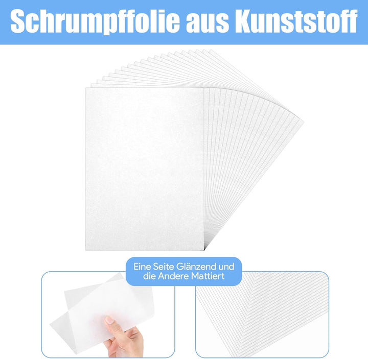 DONQTWAY 221 Stück Schrumpffolie Set, 20 Schrumpfpapier A4 Transparent, Schrumpffolie Bedruckbar, Sh