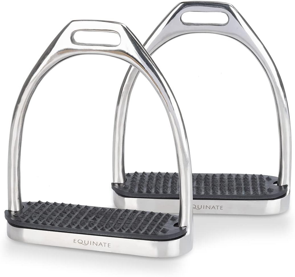 Equinate Steigbügel Luna 10cm Edelstahl - Mit Anti-Rutsch Trittfläche aus Gummi - Für Erwachsene und