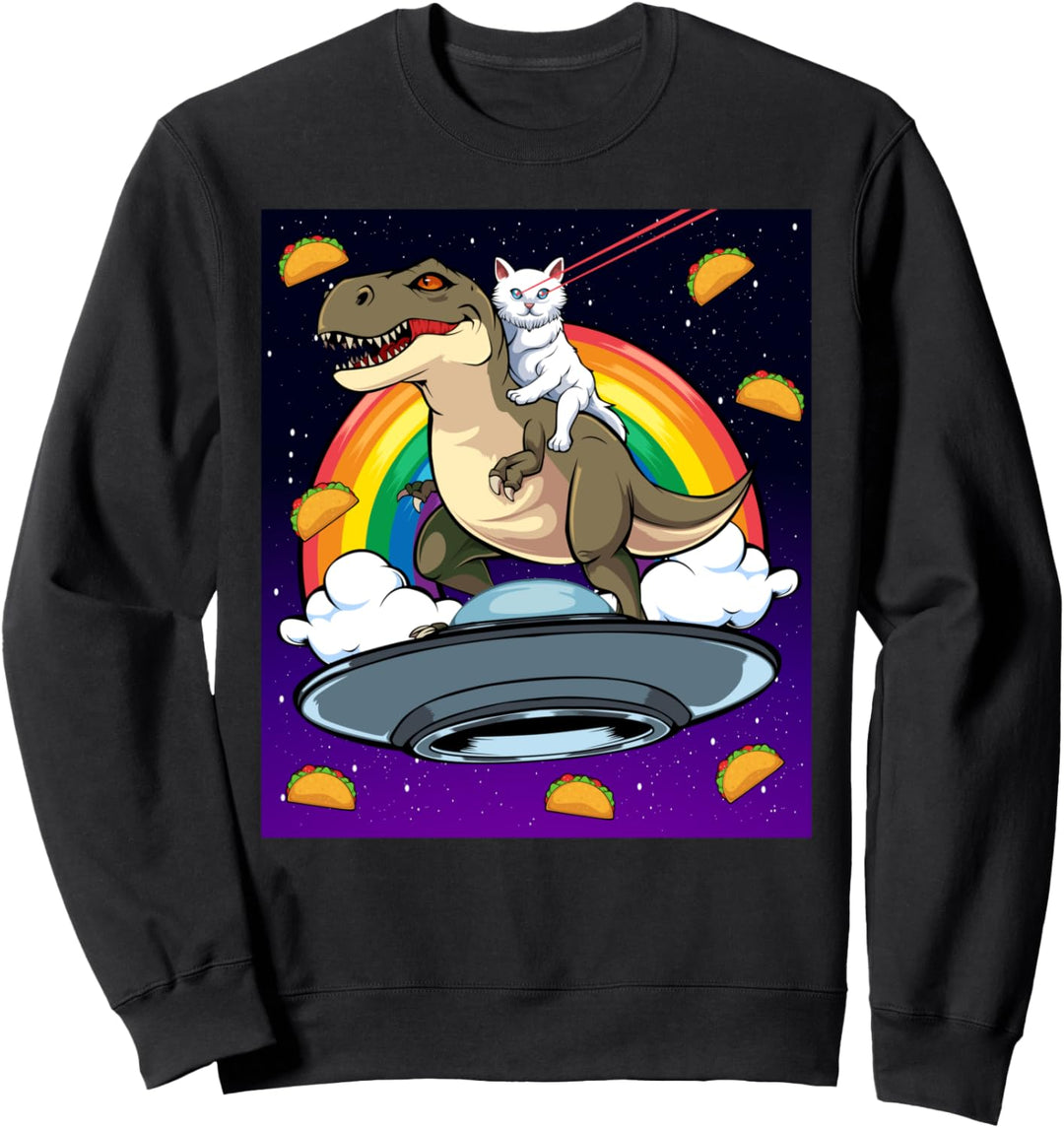Taco Kitty Rainbow Laser Eye T-Rex Riding Space Cat Dinosaurier Sweatshirt