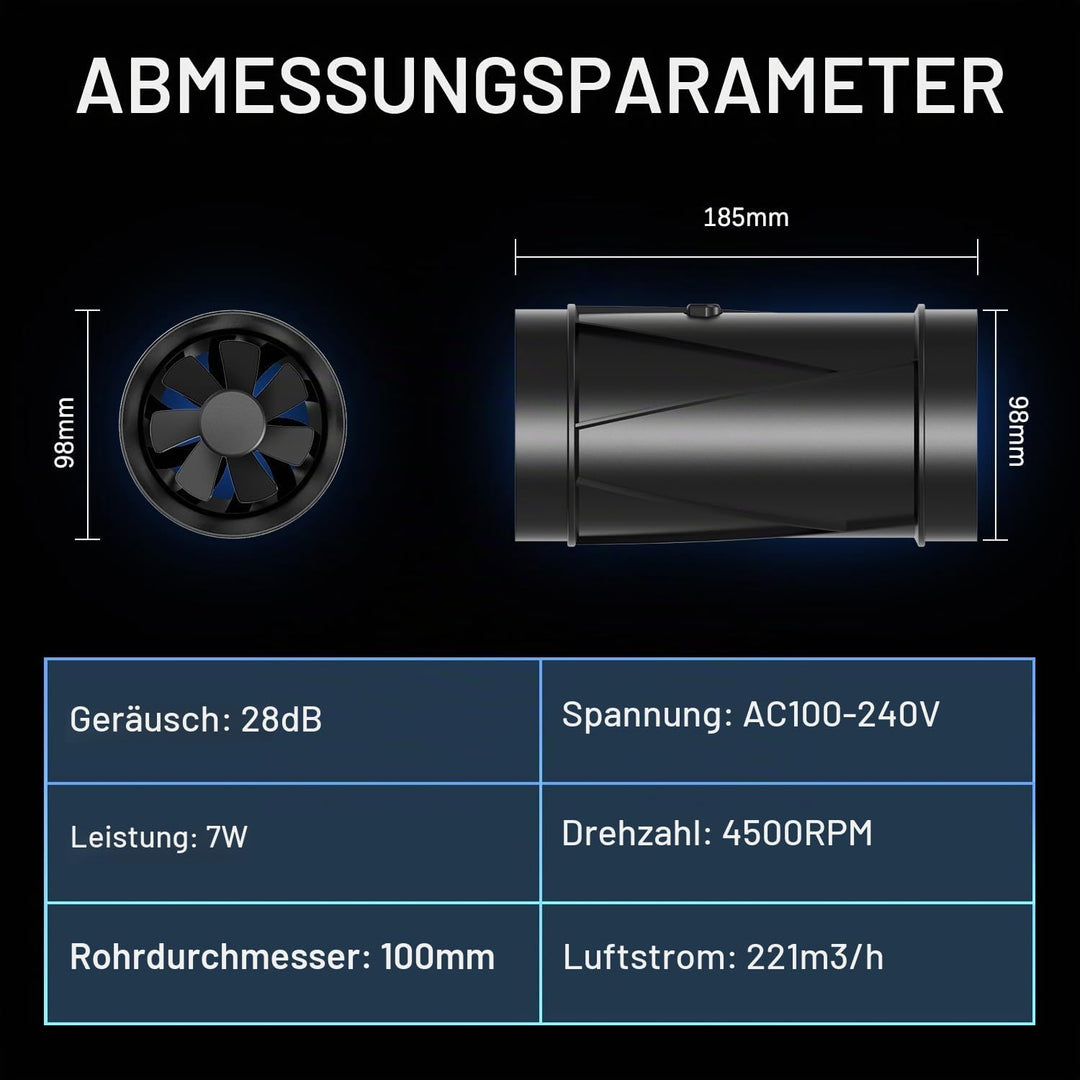 Aygrochy Rohrventilator 100mm, EC-Motor Rohrlüfter, Ausgestattet mit Steckdose, die über Timer, nach