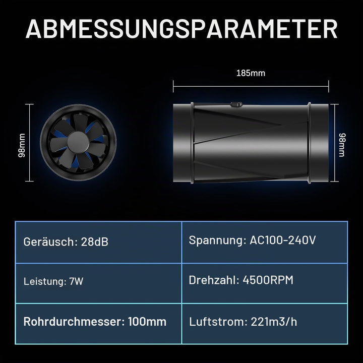 Aygrochy Rohrventilator 100mm, EC-Motor Rohrlüfter, Ausgestattet mit Steckdose, die über Timer, nach