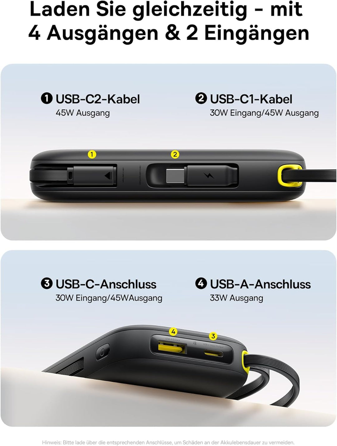 Baseus QPow3 Powerbank 45W 20000mAh mit 2 integriertem USB-C Kabel, Power Bank PD3.0 QC4.0, 3 USB C