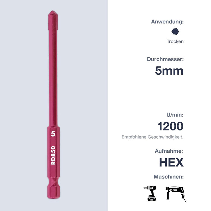 Marcrist RD850 AkkuMAX Dachziegelbohrer 5 mm 10er-Set - Hartmetall-Fliesenbohrer für Dachpfannen, To
