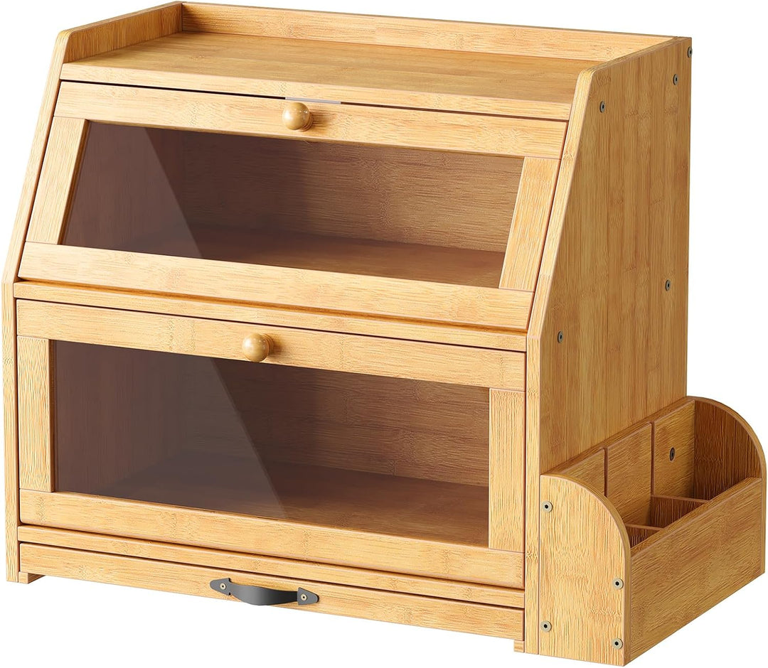 HOOBRO 2-stöckiger Brotkasten Bambus mit Schneidebrett und Besteckhalter, Brotbox mit Acryltüren, Br