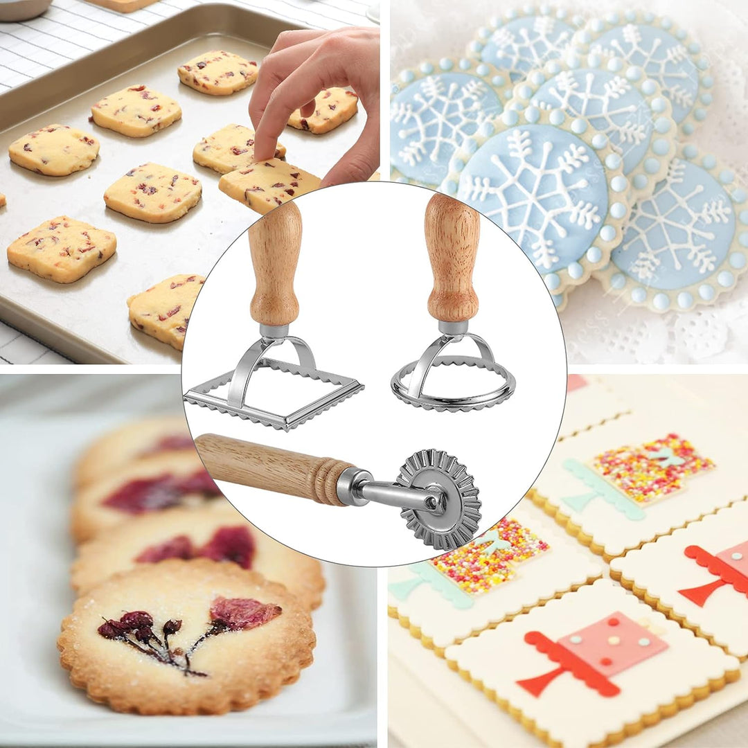 Ravioli Maker Stamper Cutter mit Roller Wheel Set, Pasta Maker Form mit Holzgriff und geriffeltem Ra