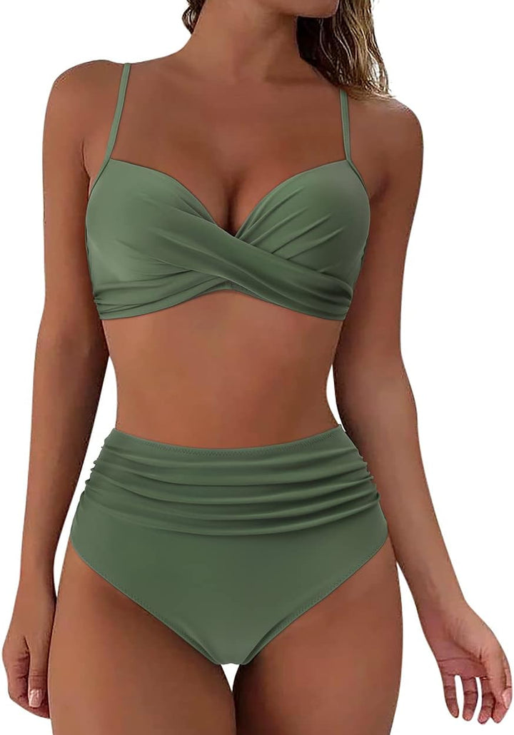 RXRXCOCO Damen Wickel Push Up Bikini Oberteil Bauchweg High Waist Bikini Set Bademode M Armeegrün, M
