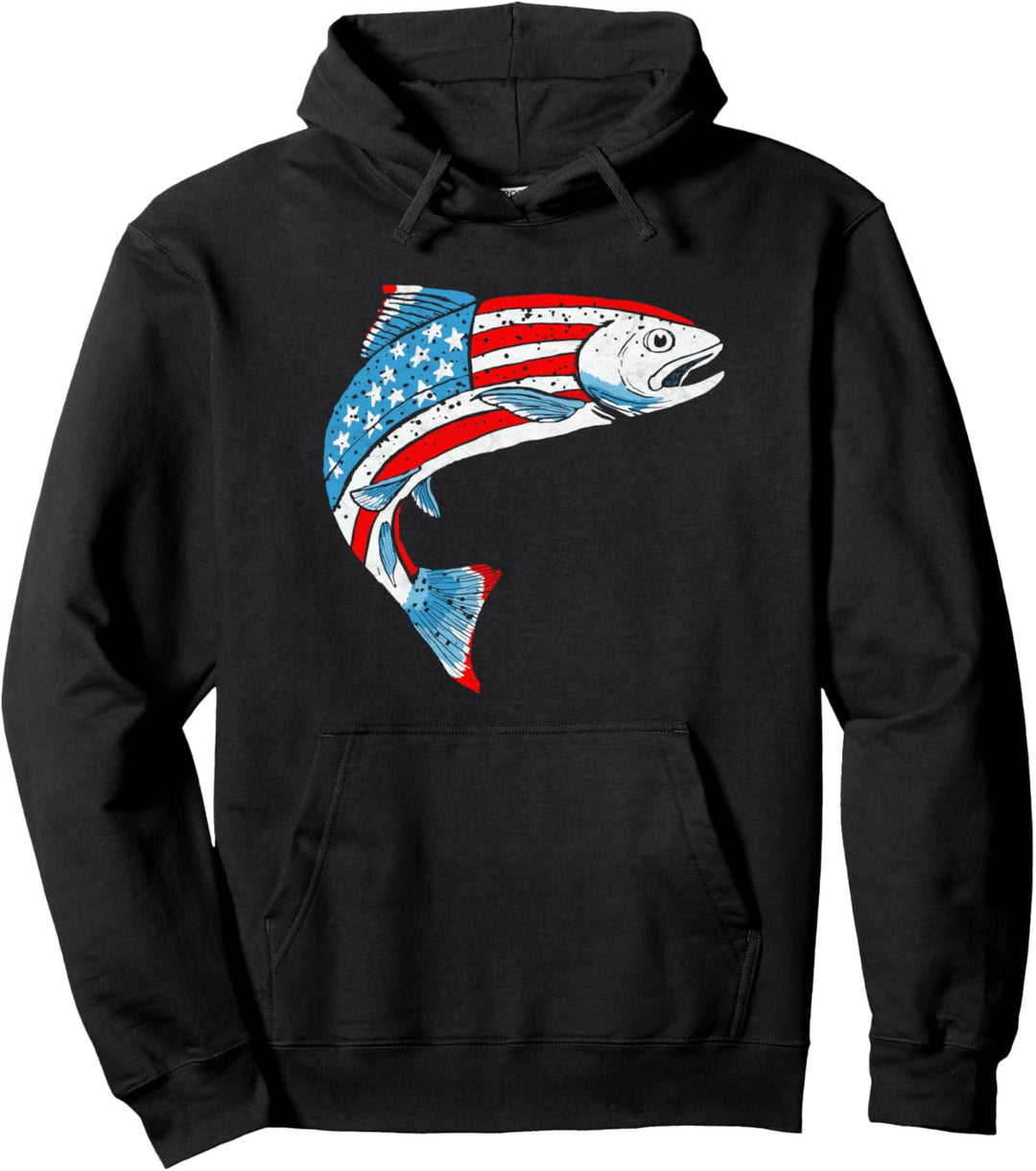Vintage Trout Fishing Retro American Flag 80's Vibe Graphic Pullover Hoodie