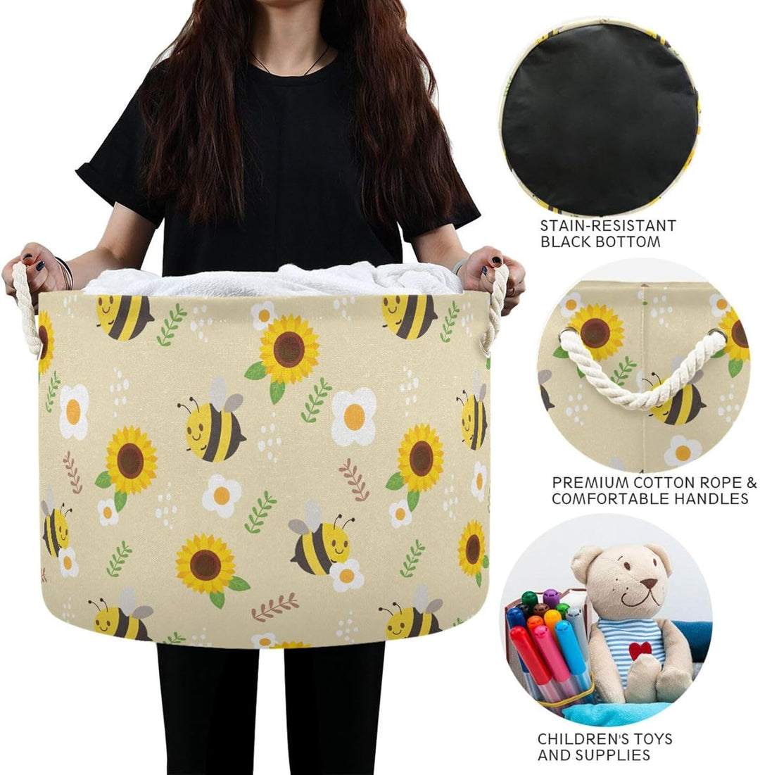 Wäschekorb mit Biene, Sonnenblume, weisse Blume, niedlich, zusammenklappbar, strapazierfähiger Stoff