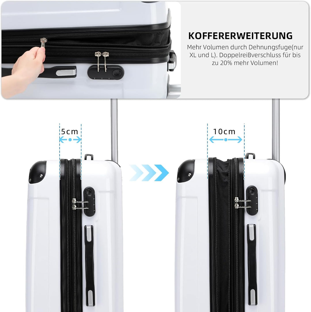 BEIBYE Hartschalen Koffer Trolley Rollkoffer Reisekoffer 4 Zwillingsrollen Polycabonat (Weiss, Koffe