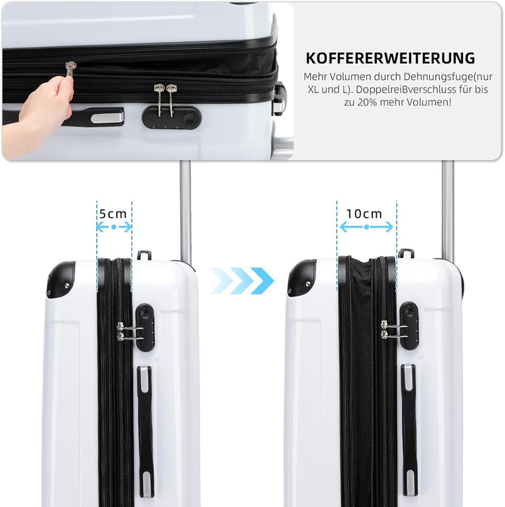 BEIBYE Hartschalen Koffer Trolley Rollkoffer Reisekoffer 4 Zwillingsrollen Polycabonat (Weiss, Koffe